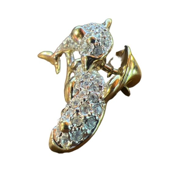 Dolphin-Themed Gold Tone Rhinestone Encrusted Brooch Pin - Picture 10 of 11